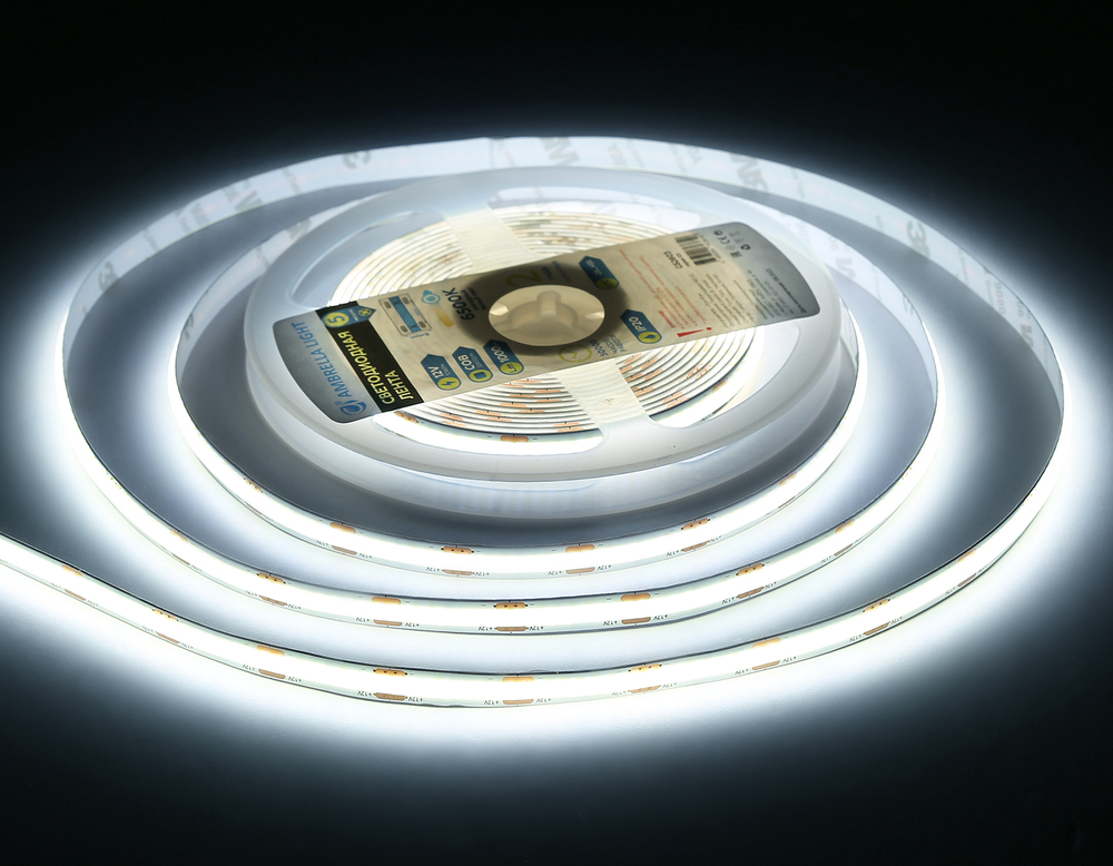 Светодиодная лента GS2603 COB 320Led/ 10W m/ 12V IP20 6500K/ 5000*8*1.54mm/ кратность резки 50mm (2 конт.)