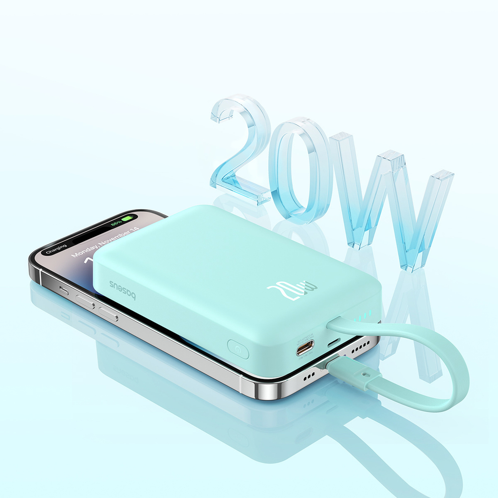 Внешний аккумулятор + Беспроводная зарядка Baseus Magnetic Mini iP Edition C+L+Qi 10000mAh 20W (MagSafe) - Peppermint Blue