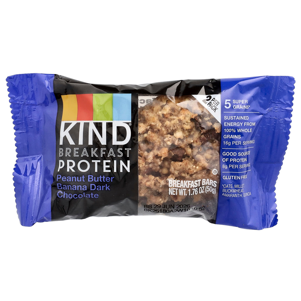 KIND Bars, протеиновые батончики для завтрака, арахисовая паста, банан и темный шоколад, 6 упаковок по 50 г (1,76 унции)