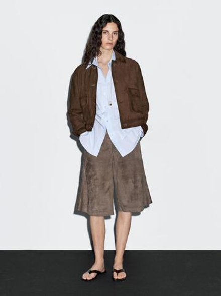 Massimo Dutti Укороченная куртка из замши с пуговицами, коричневый