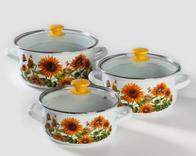 Набор кастрюль «Подсолнечник», 3 предмета: 2 л, 3 л, 4 л, эмалированная сталь, стеклянные крышки