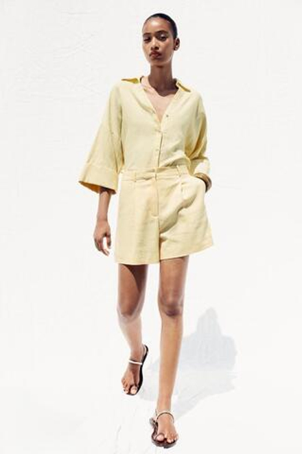 ZARA РУБАШКА ИЗ СМЕСОВОГО ЛЬНА С ШИРОКИМИ РУКАВАМИ, ЖЕЛТЫЙ