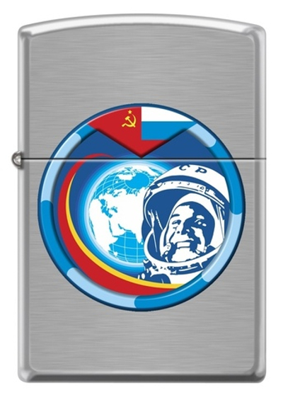 Зажигалка Zippo Гагарин с покрытием Brushed Chrome, латунь/сталь, серебристая, матовая