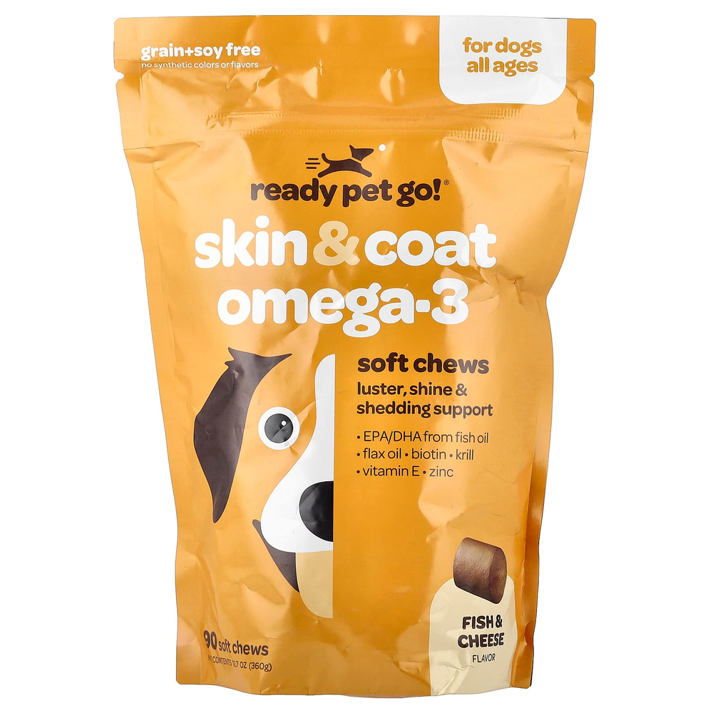 Ready Pet Go, Omega Health Chews, поддержка кожи и шерсти для собак всех возрастов, рыбий жир + сыр, 90 мягких жевательных таблеток