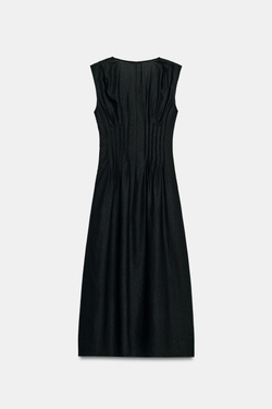 ZARA ЛЬНЯНОЕ ПЛАТЬЕ МИДИ С ДЕКОРАТИВНЫМИ ЗАЩИПАМИ, ЧЕРНЫЙ