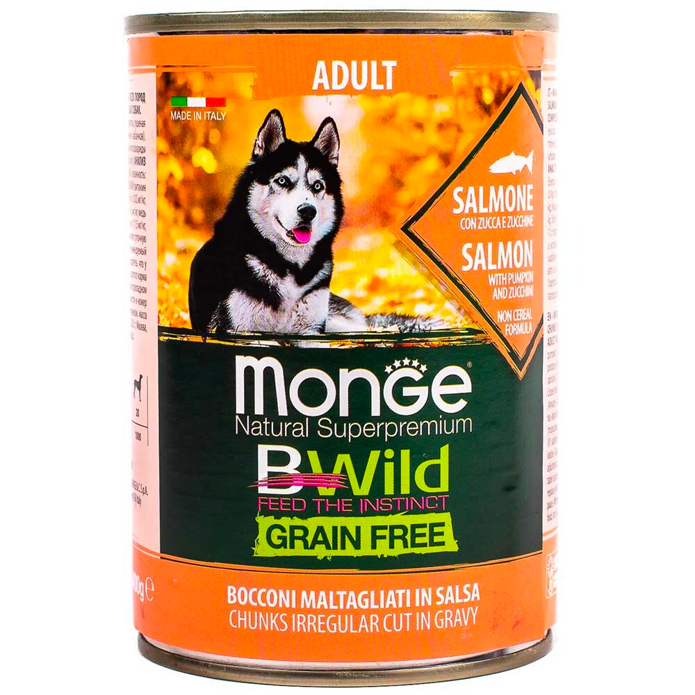 Monge Bwild Dog (лосось с тыквой и кабачками) 400г - беззерновые консервы для взрослых собак всех пород (Grain Free)