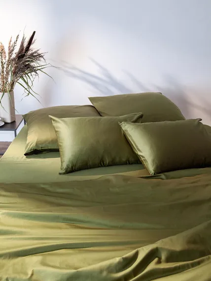 Комплект постельного белья из премиального сатина оливкового цвета из коллекции essential, 150х200 с