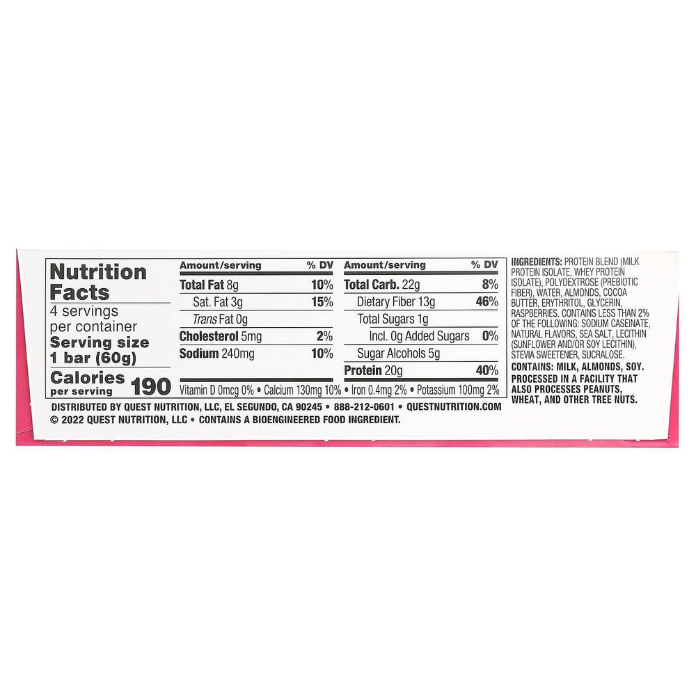Quest Nutrition, протеиновый батончик, белый шоколад и малина, 4 шт. по 60 г (2,12 унции)