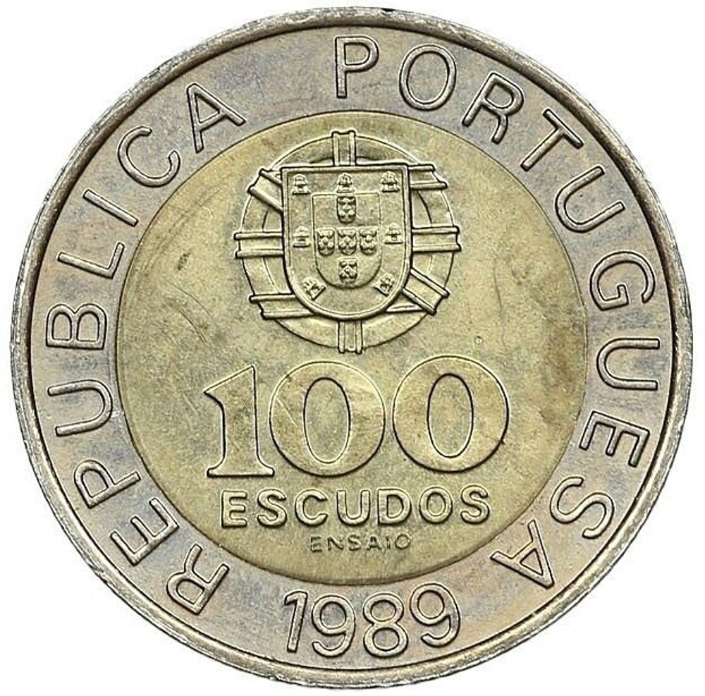 ПОРТУГАЛИЯ, 1989, 100 ESCUDOS [ПРОБНАЯ МОНЕТА (ENSAIO)] [БИМЕТАЛЛ]