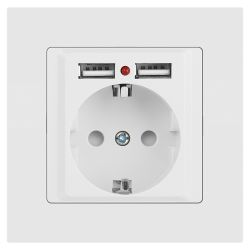 Розетка Intro Accent 6-410-01М с заземлением 2P+E Schuko со шторками 16А-250В + 2хUSB IP20 СУ белый матовый | Intro