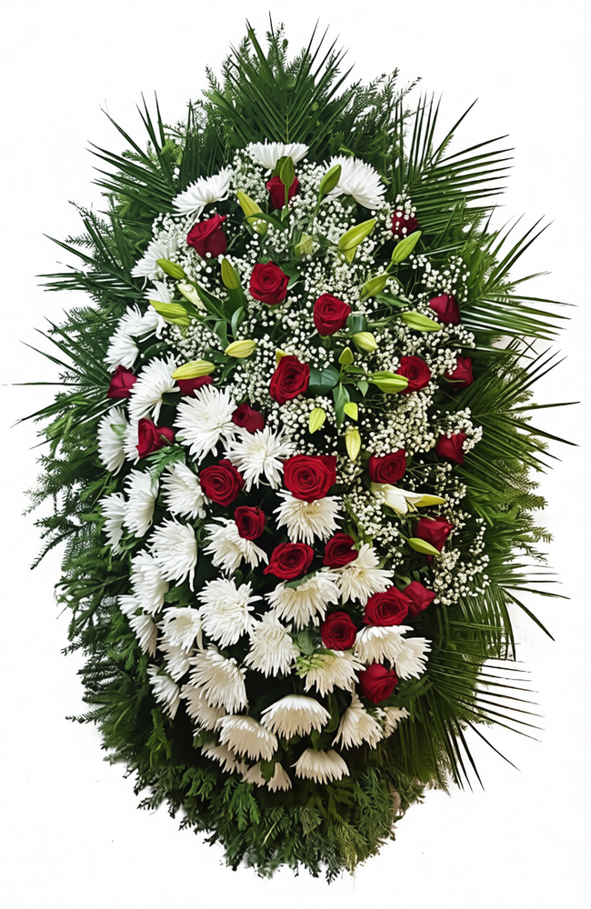 Траурный венок из живых красных роз, белых хризантем и лилий с натуральной хвоей, размер 180 см