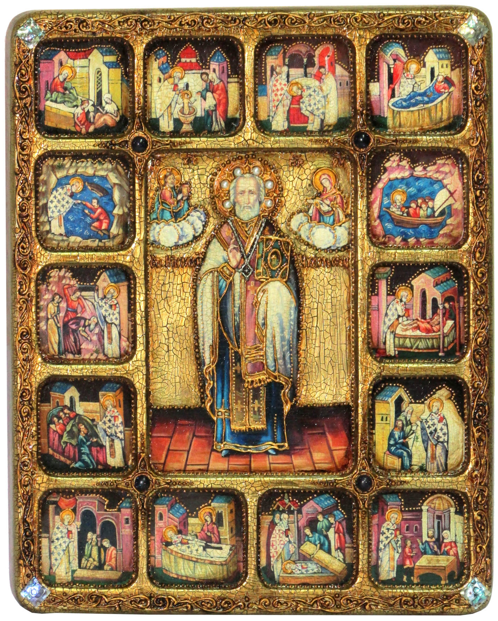 Большая икона "Святитель Николай, архиепископ Мир Ликийский (Мирликийский), чудотворец с житийными сценами" на натуральном дереве