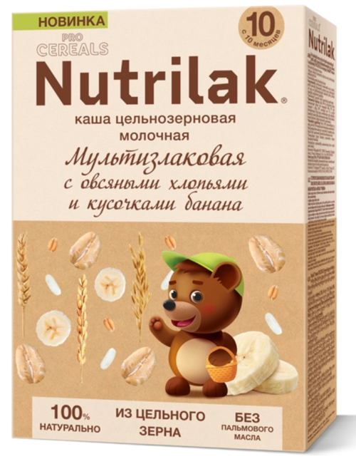 Детская каша молочная цельнозерновая Nutrilak мультизлаковая с овсяными хлопьями и кусочками банана с 10 месяцев