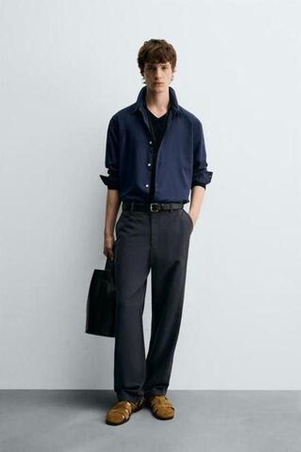 ZARA СТРУЯЩИЕСЯ БРЮКИ STRAIGHT FIT, ТЕМНО-СИНИЙ