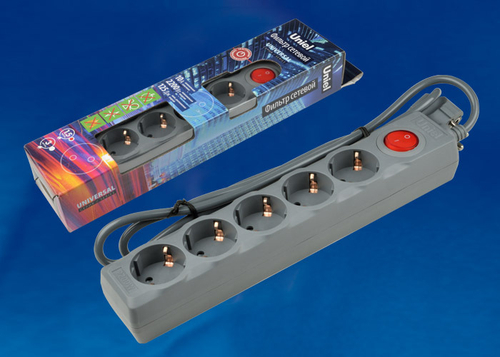 S-GSU5-1,5 GREY Cетевой фильтр серии Universal, 1,5м (Пвс 3*0,75), 5 гнезд, с/з. 10А. Защита от перенапряжения, короткого замыкания. TM Uniel.