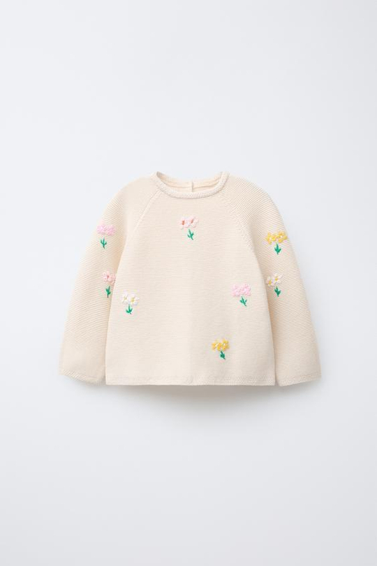 ZARA ТРИКОТАЖНЫЙ ДЖЕМПЕР С ЦВЕТОЧНОЙ ВЫШИВКОЙ, ВАНИЛЬНЫЙ