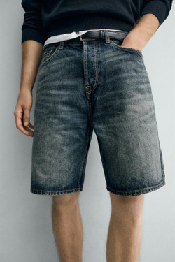 ZARA ДЖИНСОВЫЕ БЕРМУДЫ STRAIGHT FIT, ЗЕЛЕНОВАТО-СИНИЙ