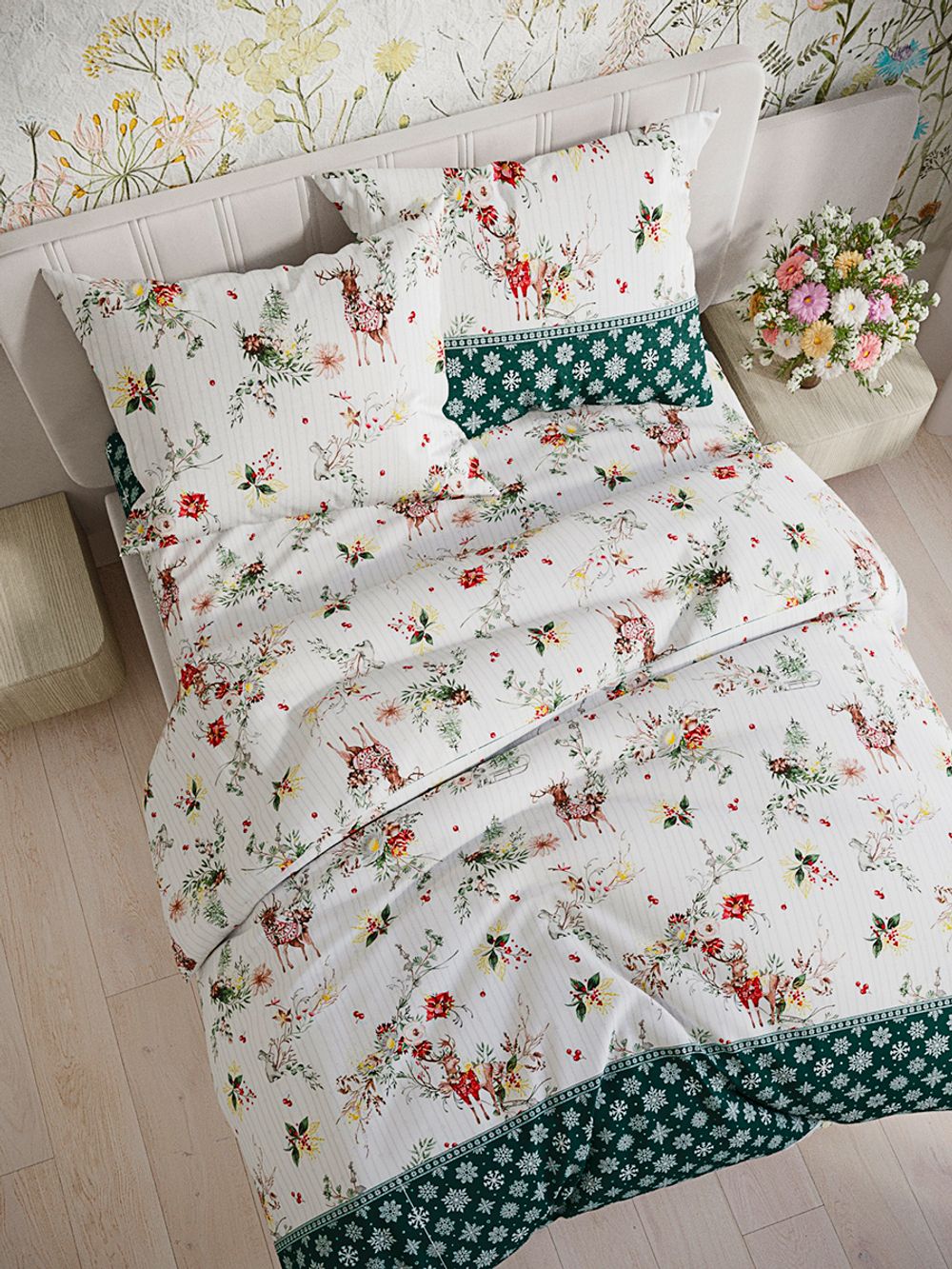 Постельное белье перкаль Сказка "Сочельник (зел)" евро Наволочка 50х70 см 2 шт Простынь 240x215 см Пододеяльник 200x215 см