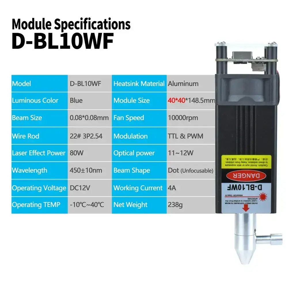 Лазерный модуль 80 Вт, фактическая мощность 10Вт, с воздушной насадкой, подходит для гравировального станка с ЧПУ, 3D-принтера, деревообрабатывающих инструментов DIY, HUAHENGCHI D-BL10WF
