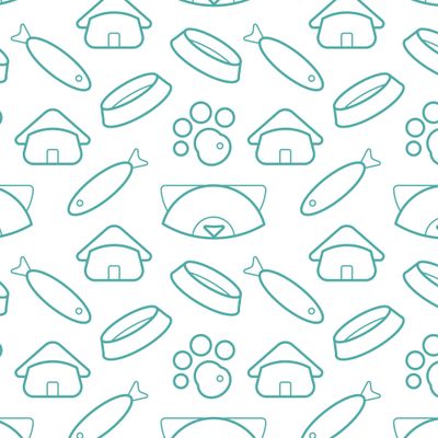 Мордочка кошки, миска, домик, лапка, рыбка