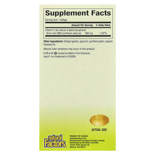 Natural Factors, Whole Earth & Sea, витамин Е из подсолнечника, 268 мг, 90 капсул