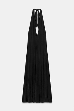 ZARA АТЛАСНОЕ ПЛАТЬЕ МИДИ С ВОРОТНИКОМ ХАЛТЕР, ЧЕРНЫЙ
