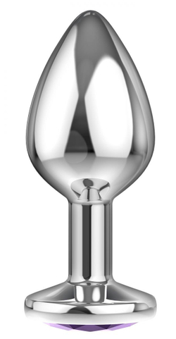 Большая серебристая анальная пробка Diamond Purple Sparkle Large с фиолетовым кристаллом - 7 см.