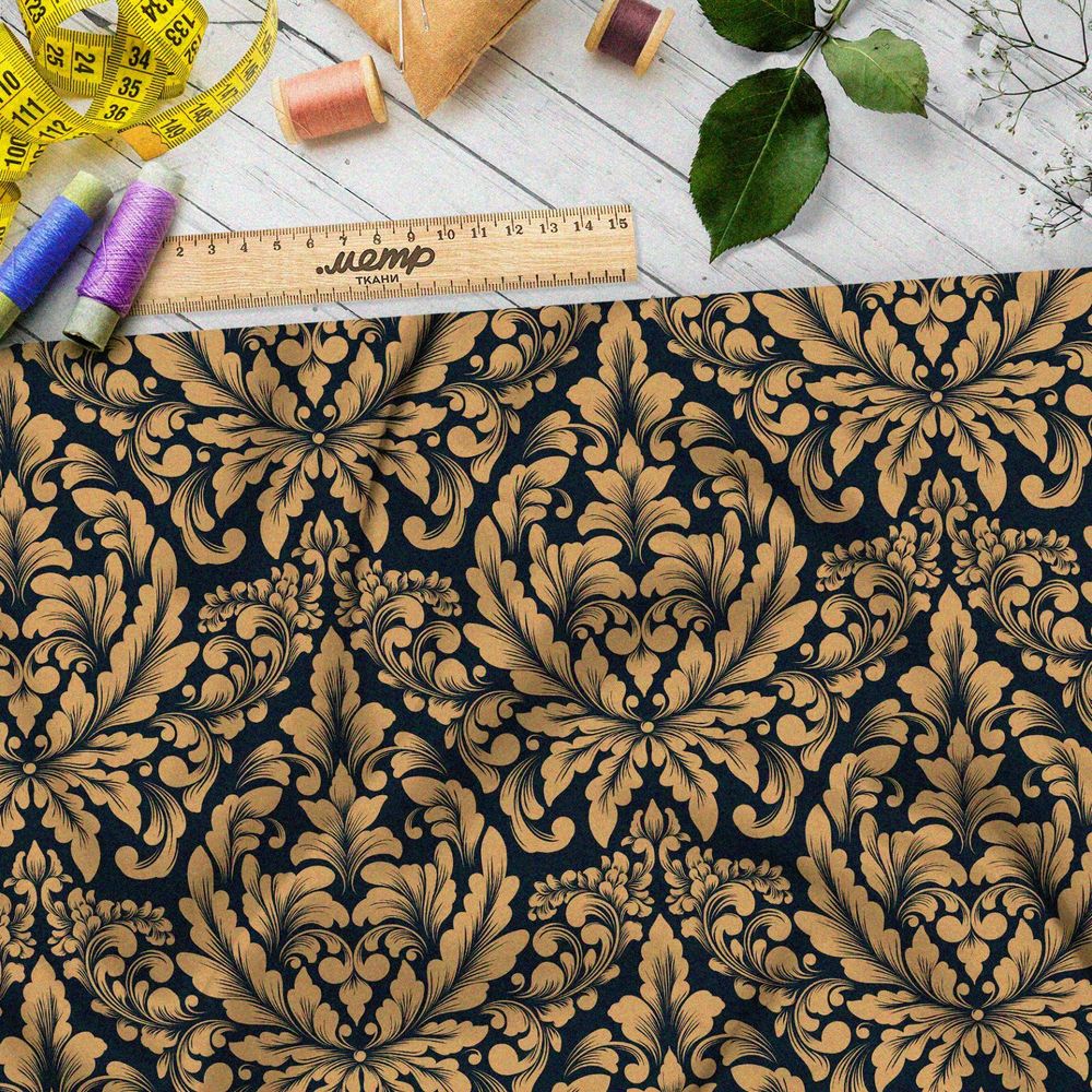Ткань габардин бронзовый симметричный узор на чёрном фоне