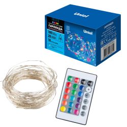 ULD-S1000-100-DTA-RC RGB IP44 Гирлянда светодиодная. 10м. 100 светодиодов. RGB свет. Пульт ДУ в-к. Провод прозрачный. ТМ Uniel