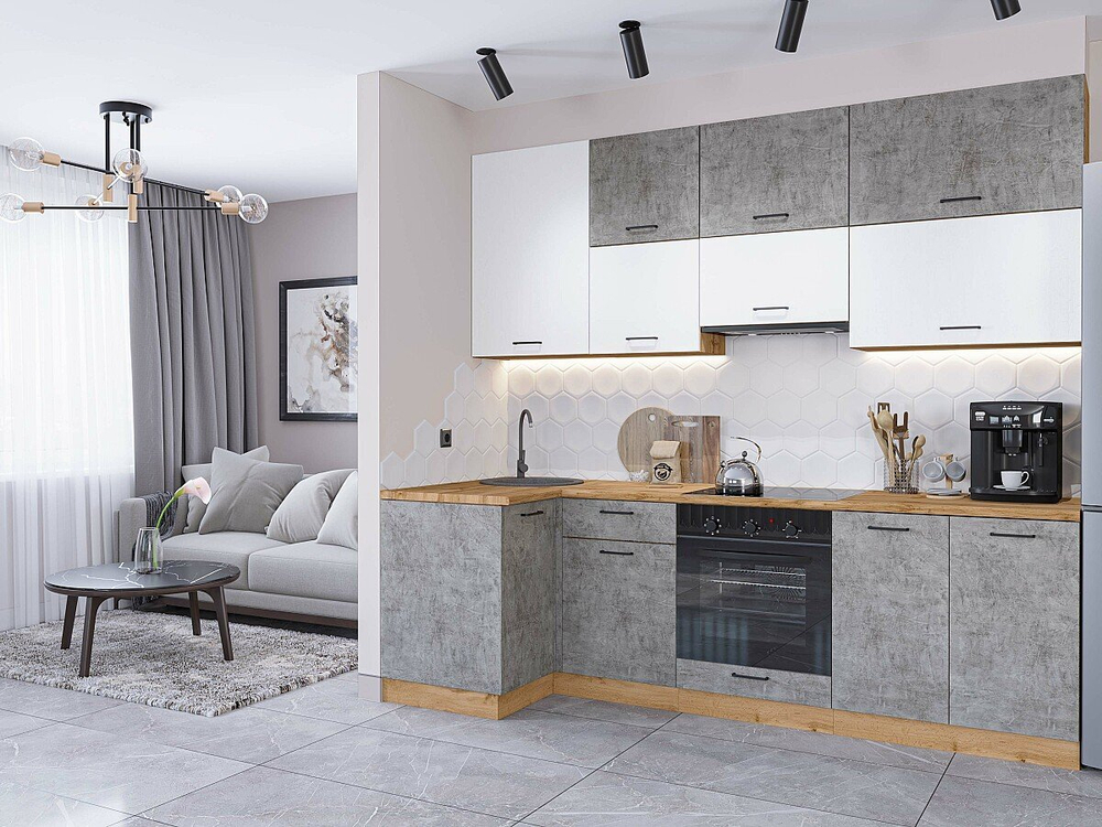 Угловая модульная кухня Флэт-04 White In 2S/Temple Stone 2S - Дуб Вотан 2340*1000/2500*600