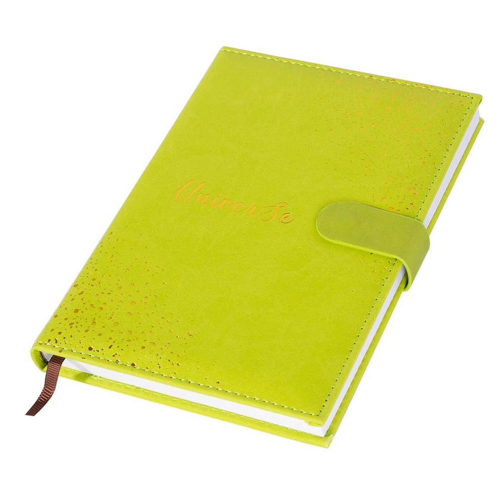 Ежедневник недатированный, А5, Yalong, 7БЦ, ПВХ, тиснение, ляссе, магнитный клапан, салатовый, клетка, 140 л., "Вселенная"