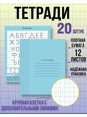 Набор тетрадей в крупную клетку 8х8 мм, 12 л, голубая обложка, 20 шт