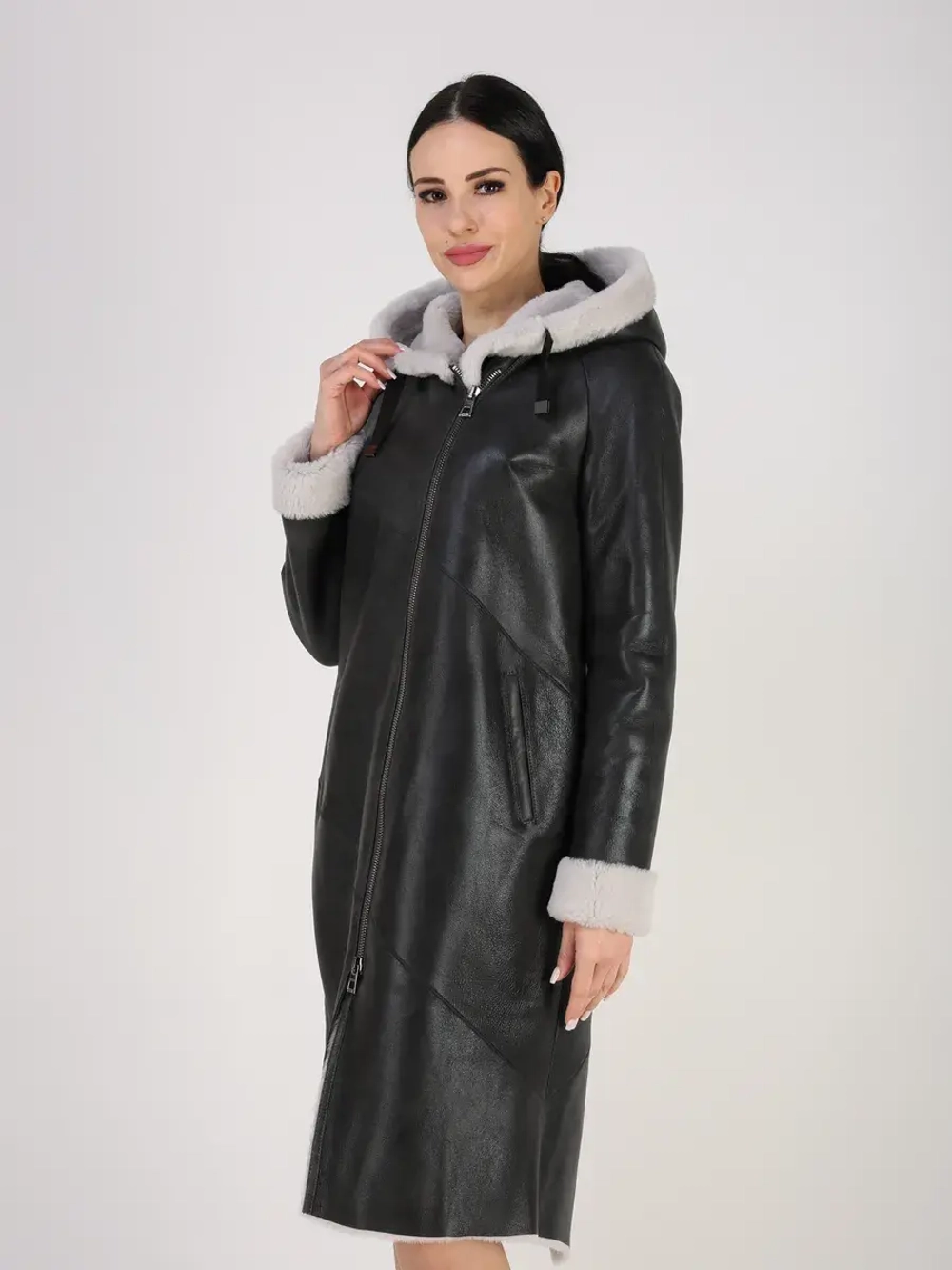 Дубленка зима натуральная удлиненная с капюшоном