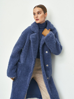 Шуба женская чебурашка тедди экомех, синяя, SilverFox