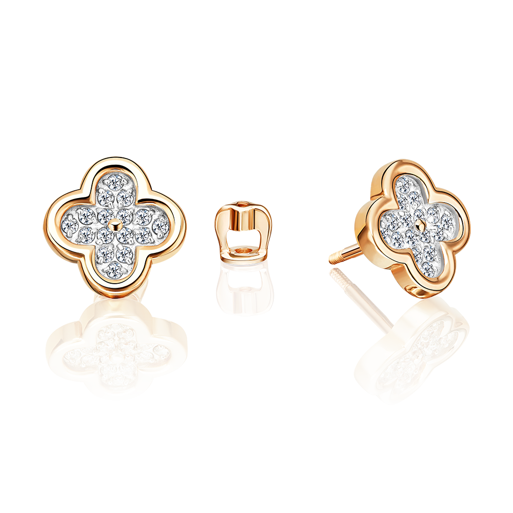 Серьги-пусеты «Клевер» из красного золота с фианитами