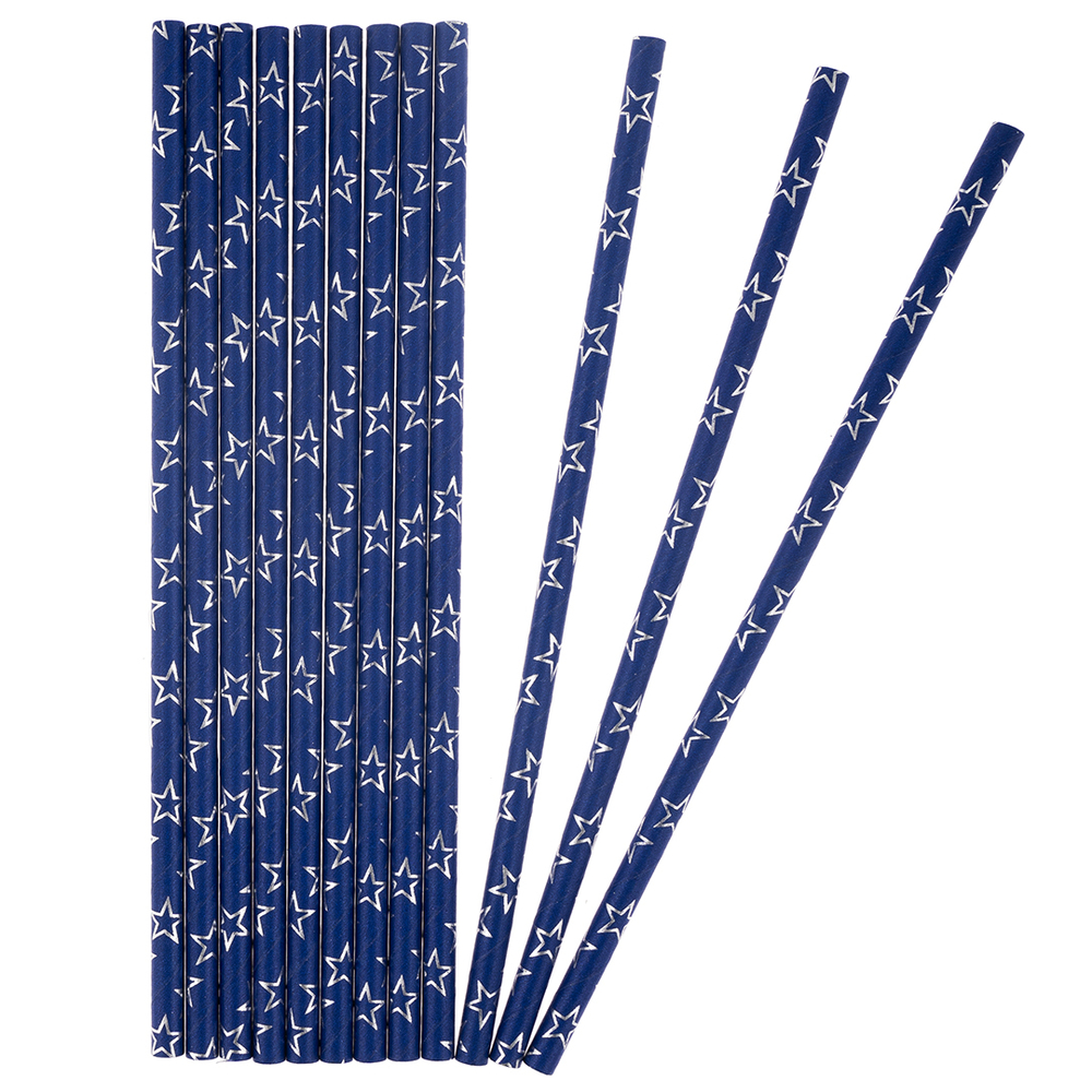 Трубочки бумажные для коктейлей «Серебряные звезды», синий/ серебро, металлик, 12 шт
