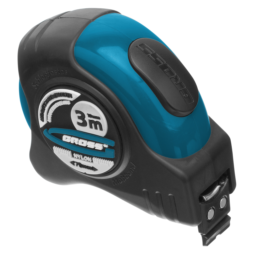 Рулетка "Schlagfest",3 м x 19 мм,магнитный обрезиненный зацеп,двусторонняя шкала,Нейлоновое покрытие,автоматическая фиксация Gross
