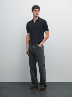 Massimo Dutti Вязаная футболка-поло с V-образным вырезом, темно-синий