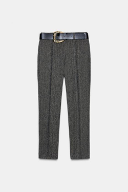 ZARA БРЮКИ В ЕЛОЧКУ С ПОЯСОМ, КОРИЧНЕВЫЙ