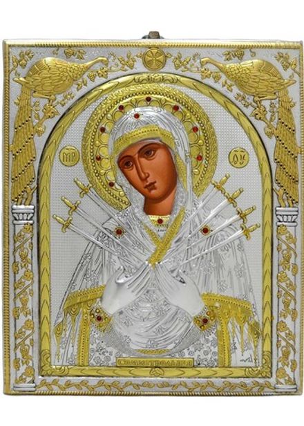 Семистрельная икона Божьей Матери в серебряном окладе.