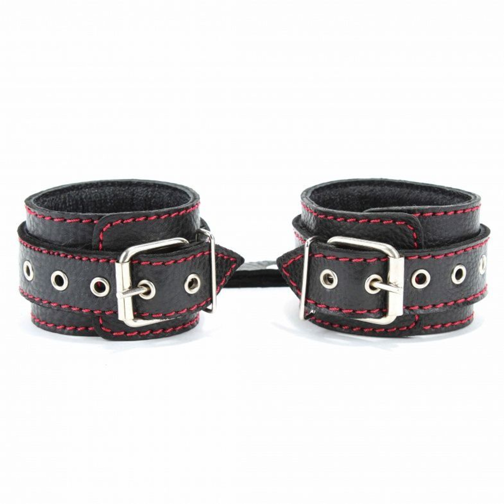 Черные наручники из натуральной кожи с контрастной строчкой (Цвет: черный)