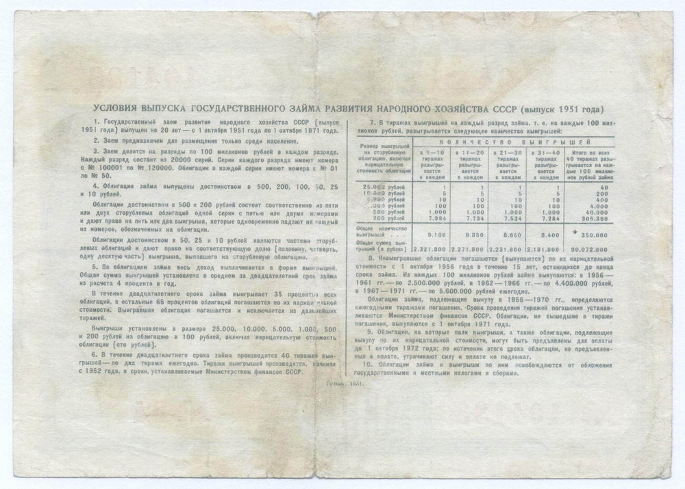 Облигация 50 рублей 1951 год. Серия № 104183. F