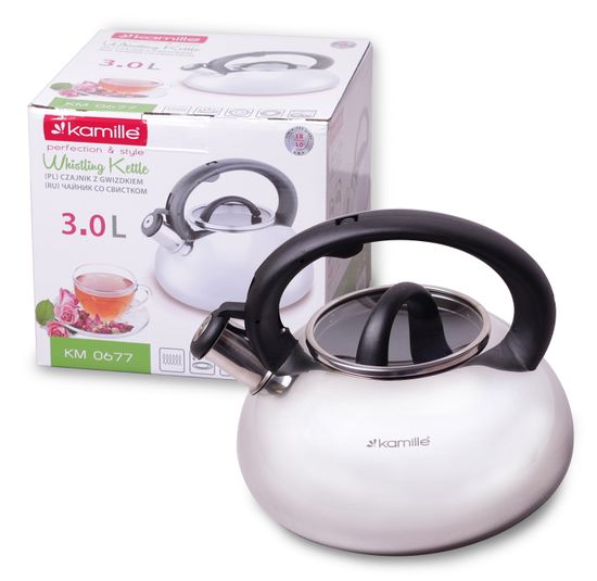 Чайник 3 л. из нержавеющей стали со свистком Kamille KM-0677 и стеклянной крышкой