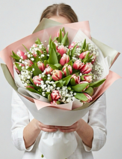 Букет из тюльпанов пионовидных с гипсофилой