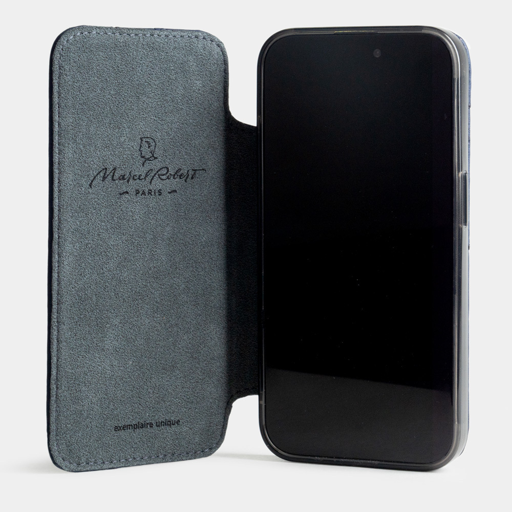 Чехол для iPhone 15 Pro из кожи страуса, синего цвета