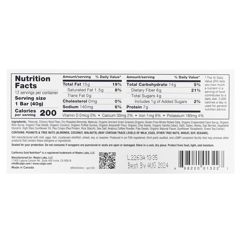 California Gold Nutrition, Foods, жевательные батончики из гранолы с мокко и орехами, 12 шт. по 40 г (1,4 унции)