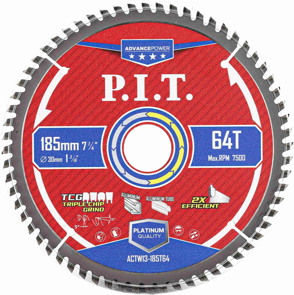 Диск пильный по алюминию PIT 185x30/x2.0 мм, 64T Carbide, зуб TCG 5° (ACTW13-185T64)