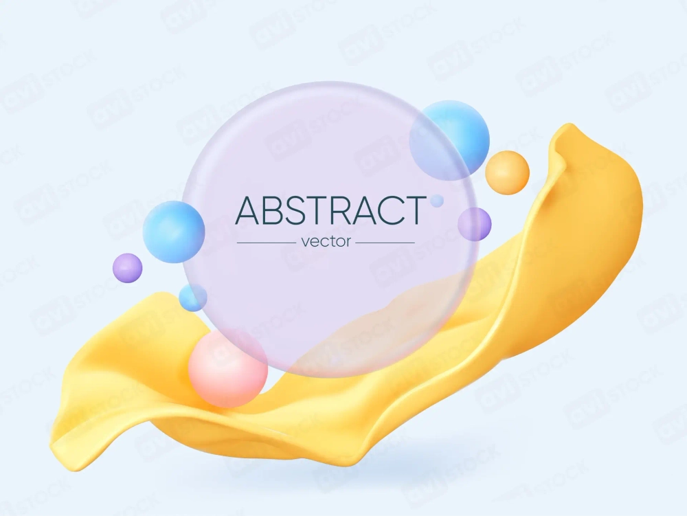 Abstract 3D vector with glass bubble, gradient spheres and yellow fluid ribbon