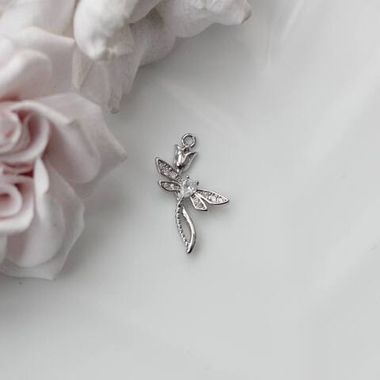 Подвеска Стрекоза на цветке с фианитами 22*14 мм, родий, П568