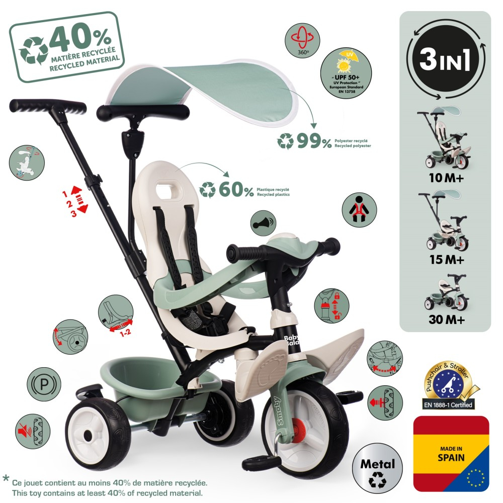 Детский трёхколёсный велосипед Smoby Life Baby Balade Plus 741405 3в1 от 10 месяцев — фото 3